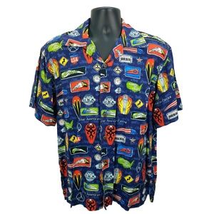 D'EM CRAZY Men's Hawaiian Shirt Medium Blue Motorcycle‎ Biker Aloha Short Sleeve